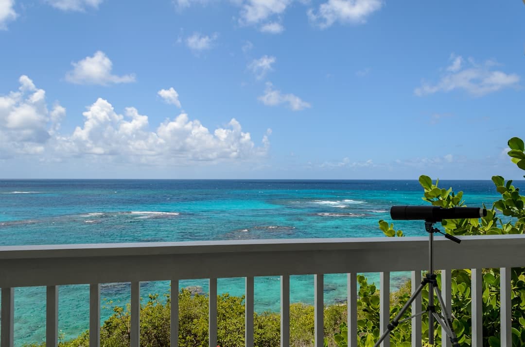 Stunning, sun-drenched view from the balcony of a luxury villa in Cabo, looking out over the sparkling turquoise ocean and clear blue sky.