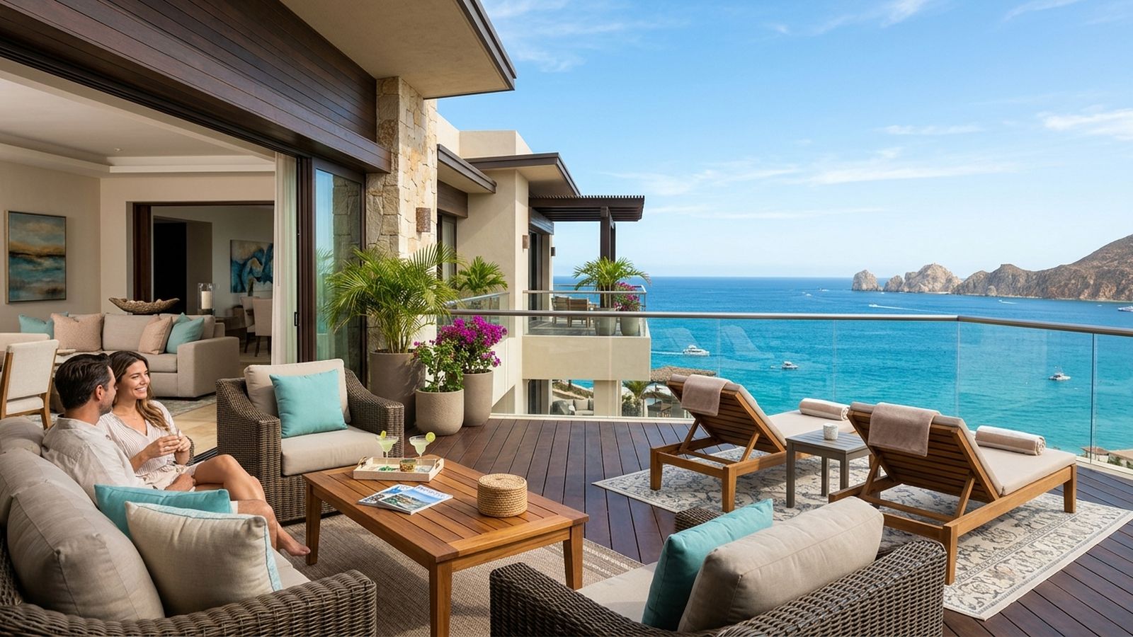 A couple enjoys cocktails on a luxurious ocean-view balcony overlooking boats and distant rock formations.