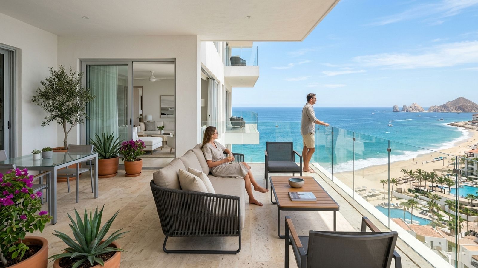 A couple relaxes on a spacious, well-appointed oceanfront balcony overlooking a beach, pools, and distant rock formations.