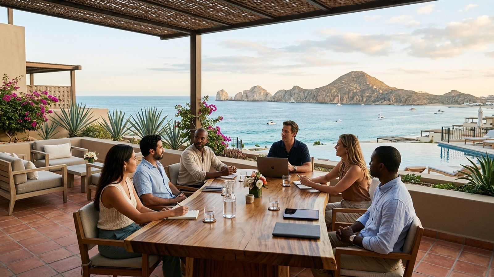 Six professionals in an outdoor meeting with a stunning ocean and mountain view.