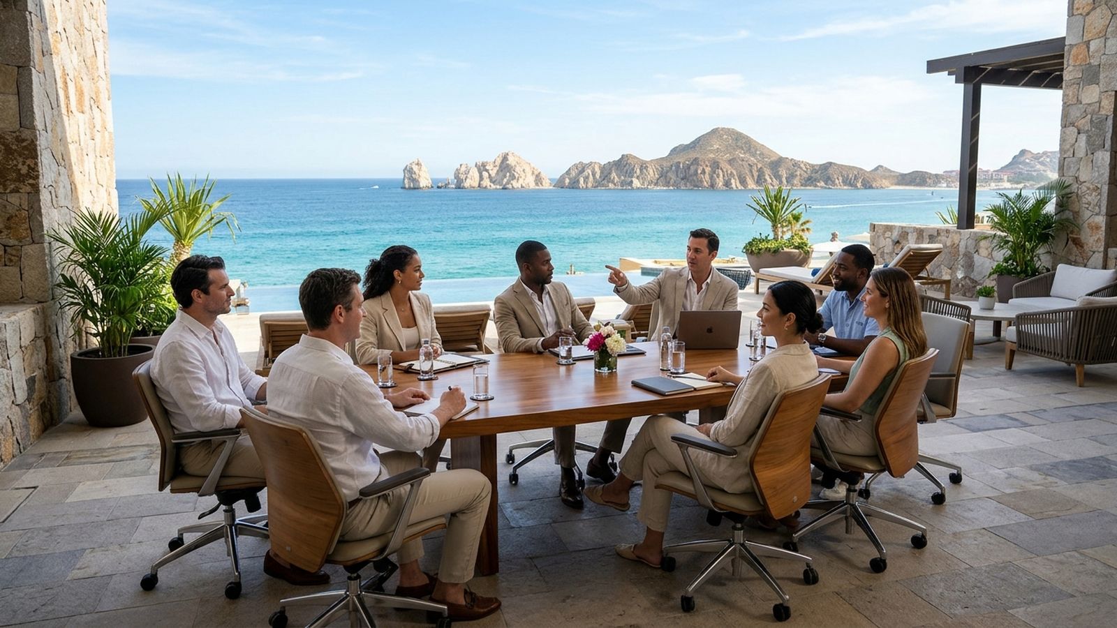 Seven business professionals meet on a sunlit patio overlooking the ocean with rock formations and distant mountains.