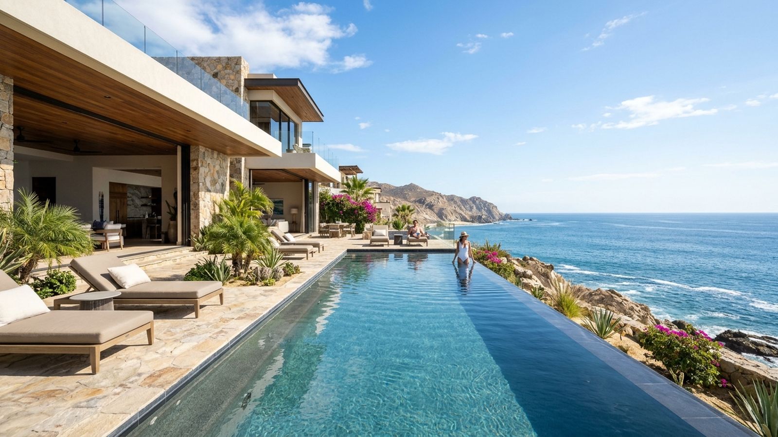 An infinity pool extends from a luxury villa overlooking the ocean and coastline under a blue sky.