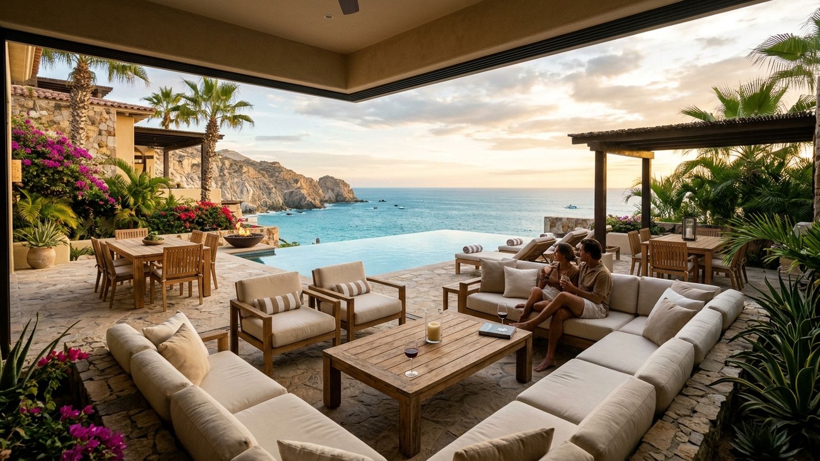 A sprawling open-air patio with an infinity pool, lounge seating, and dining areas overlooking a vast ocean at sunset.
