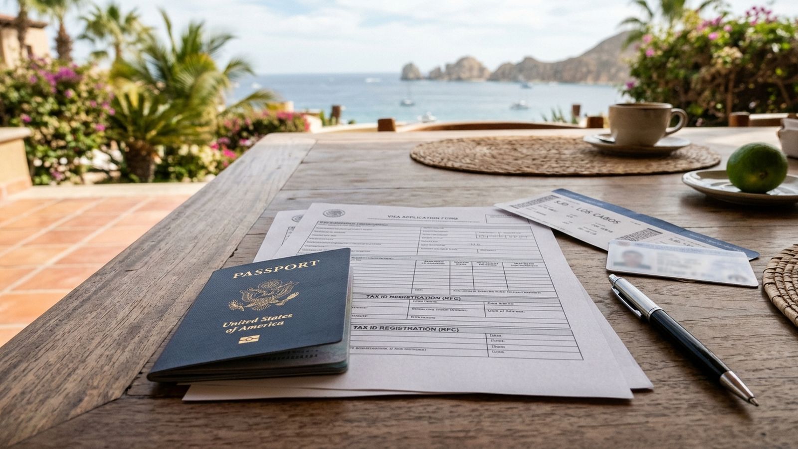 A U.S. passport, visa application forms, and a boarding pass on a table with a scenic ocean backdrop.