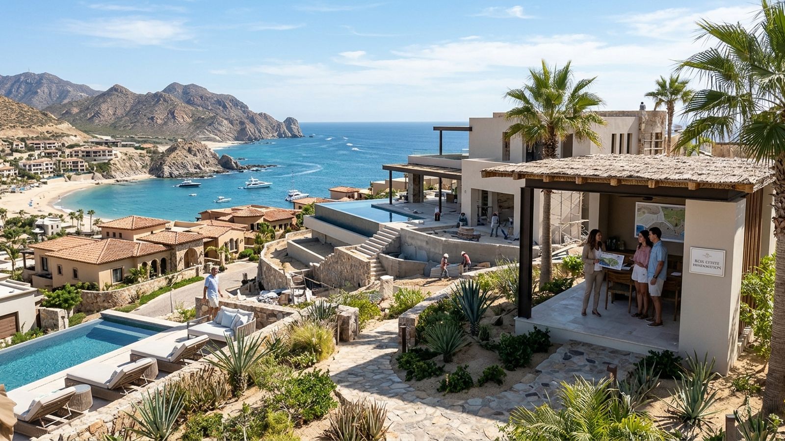 A panoramic view of a luxurious coastal resort development with homes, pools, a bay with boats, and a sales meeting.