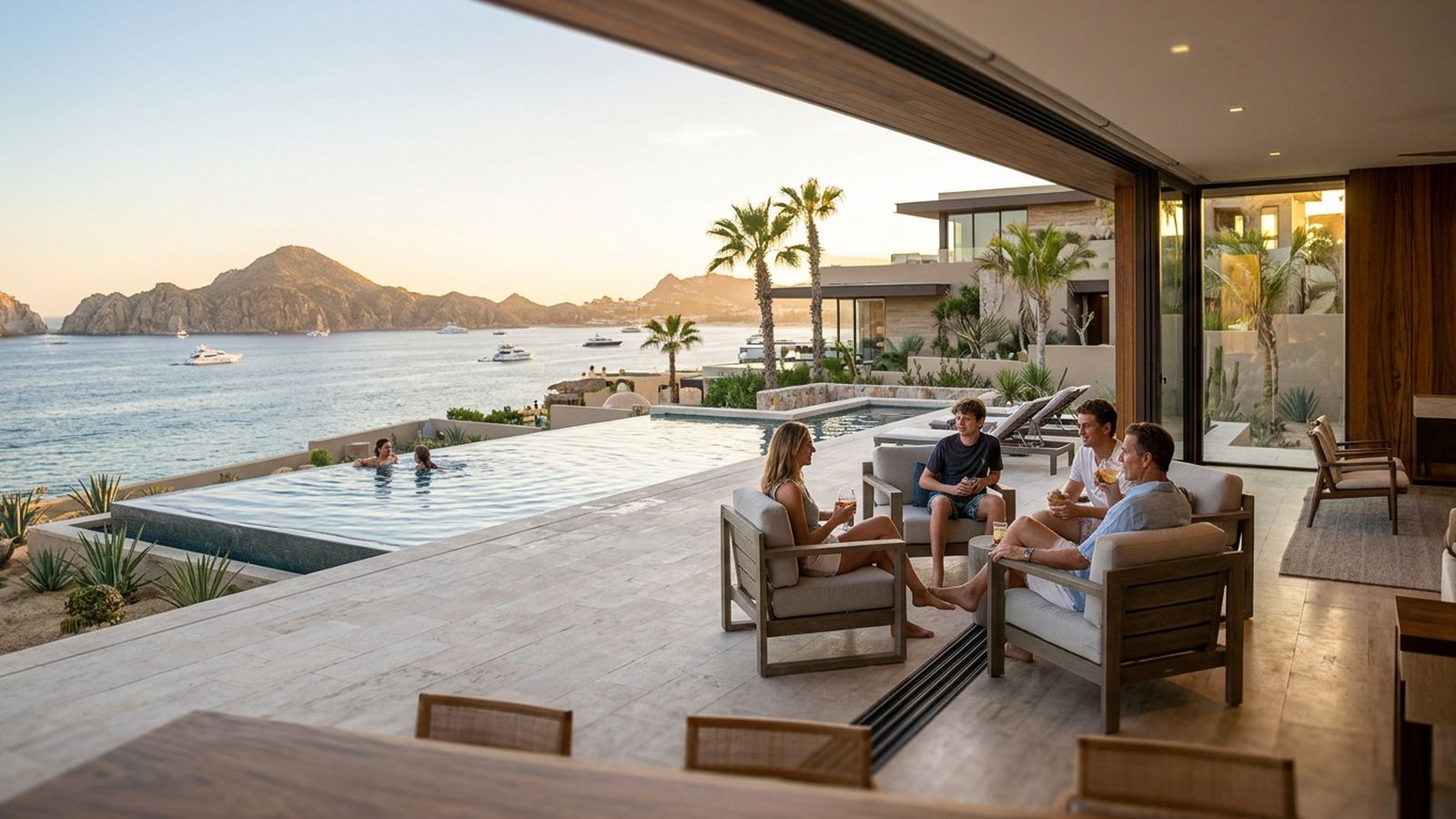 A group of people relax on a luxurious patio with an infinity pool overlooking the ocean and mountains.