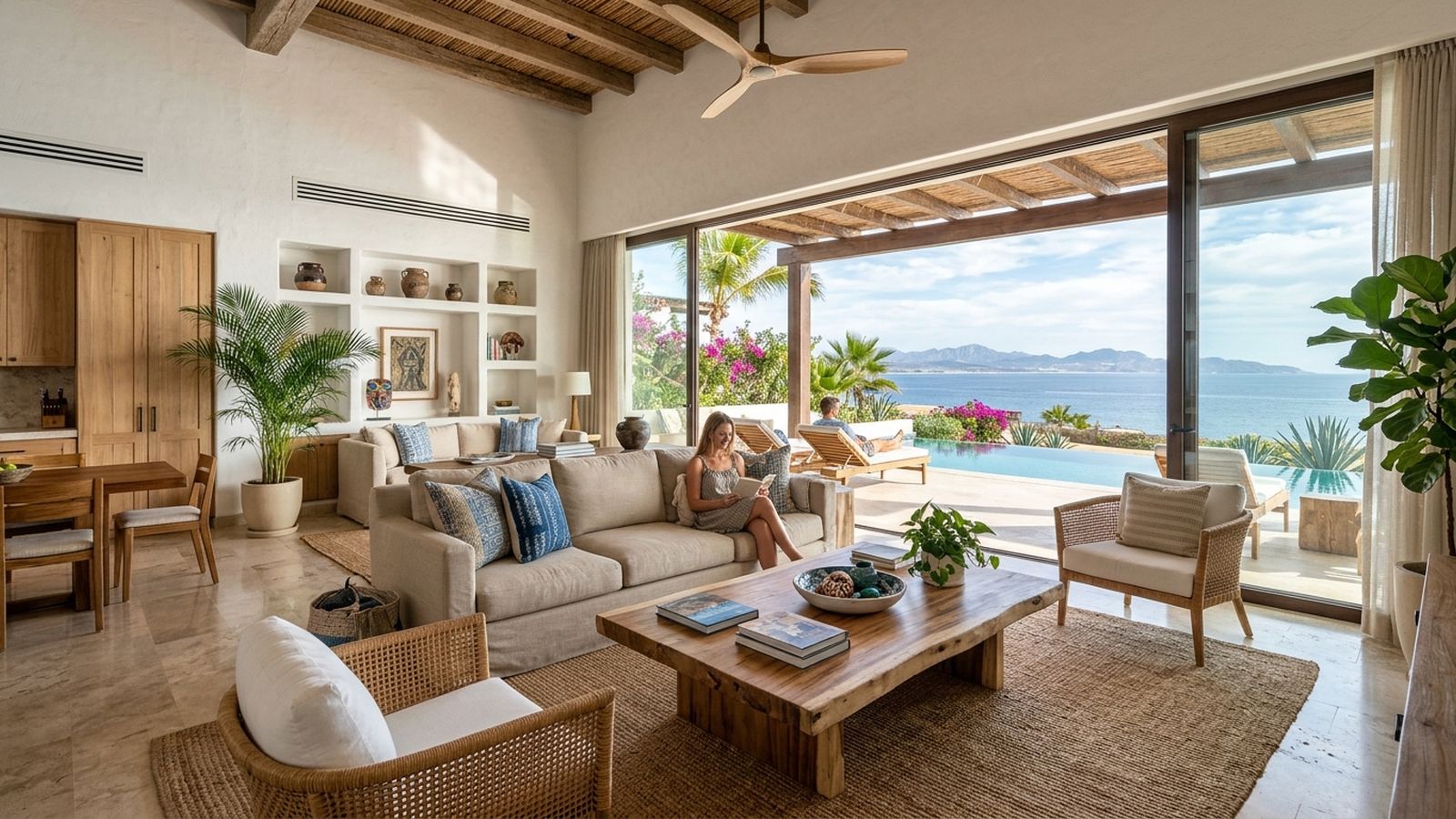 A luxurious living room with an open design features a person on a sofa, overlooking an infinity pool and ocean.