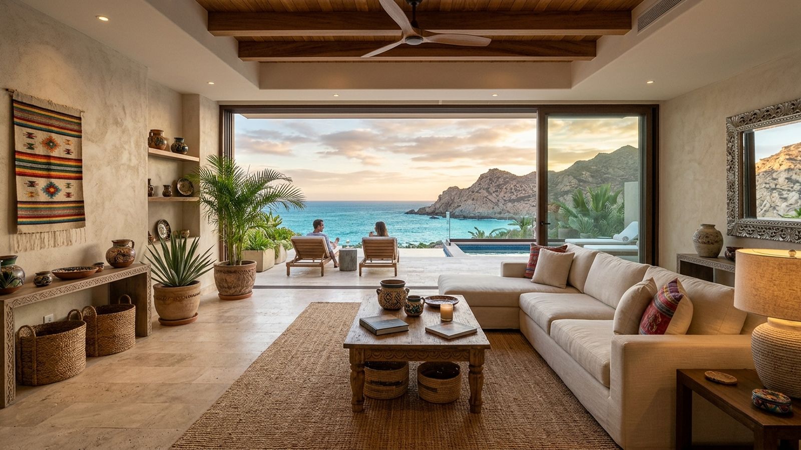 A stylish living room with an open view to a private patio, ocean, and distant mountains.