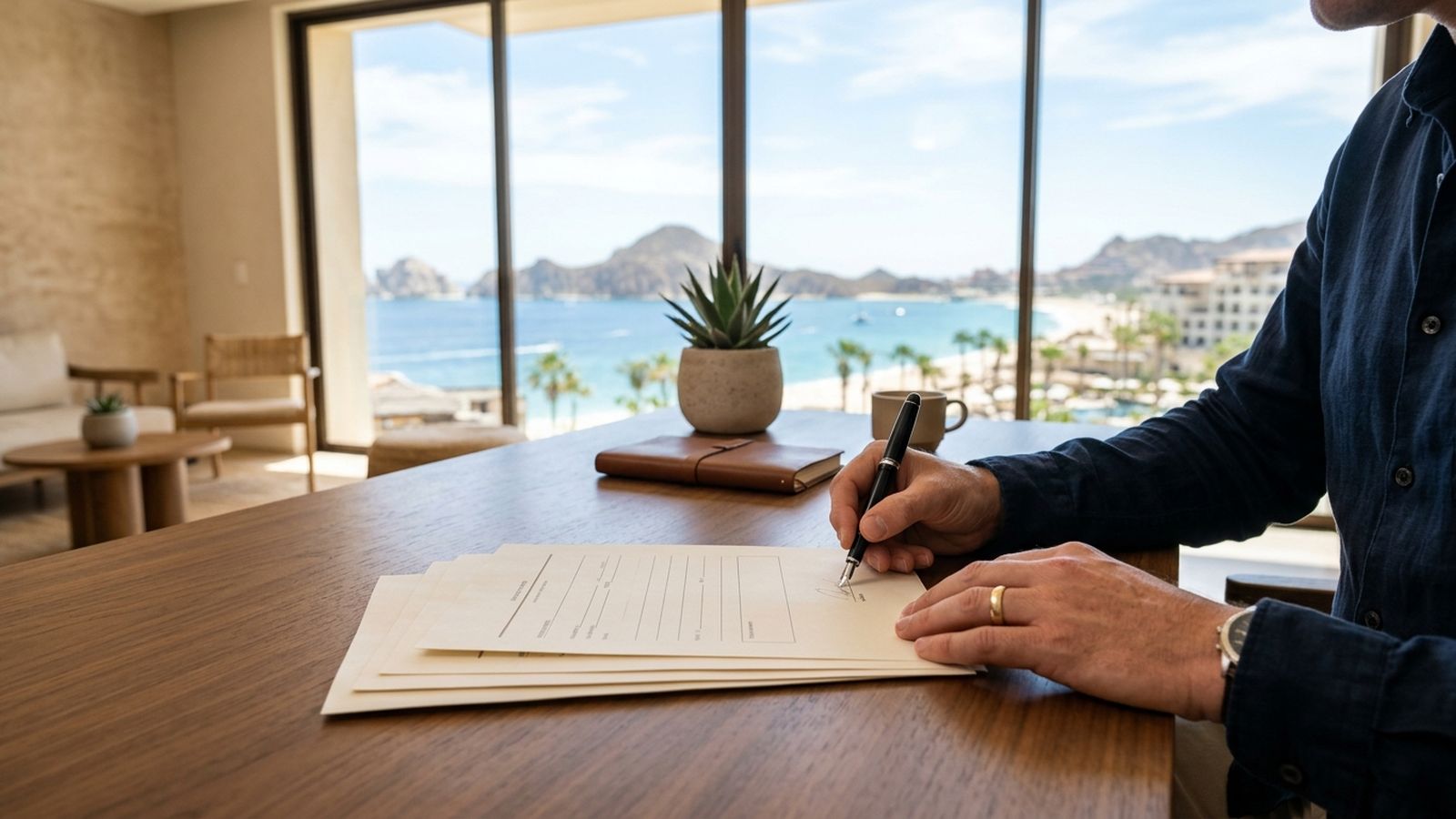 A person's hands sign documents on a table with a stunning ocean and mountain view in the background.