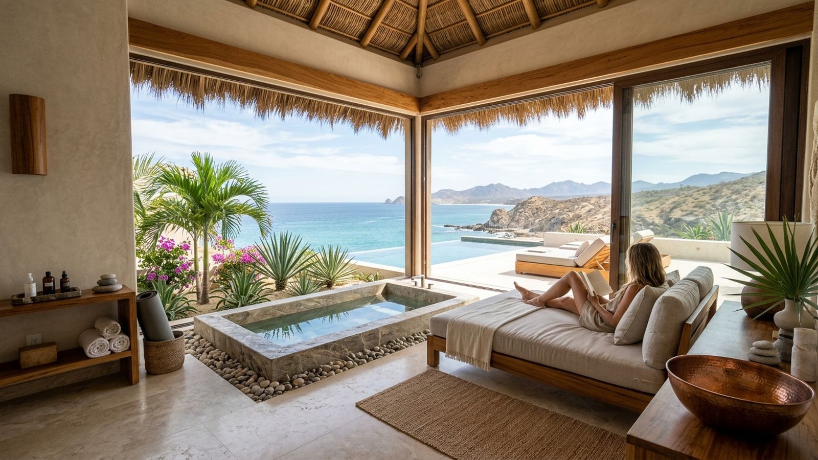 A woman relaxes on a daybed in an open-air room with a private plunge pool and an ocean view.
