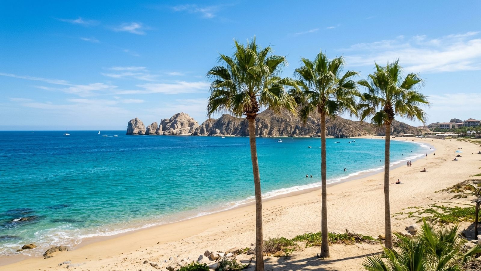 A sunny beach scene featuring three palm trees, turquoise ocean water, distant rock formations, and people swimming.
