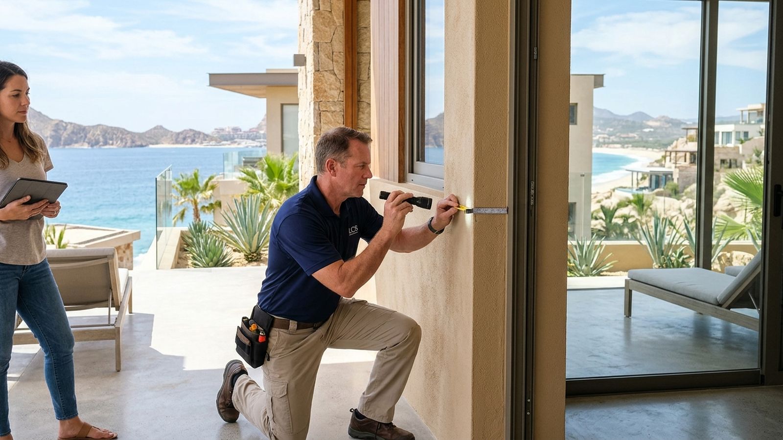 A property inspector examines a window frame with a flashlight as a woman stands nearby on a coastal terrace.