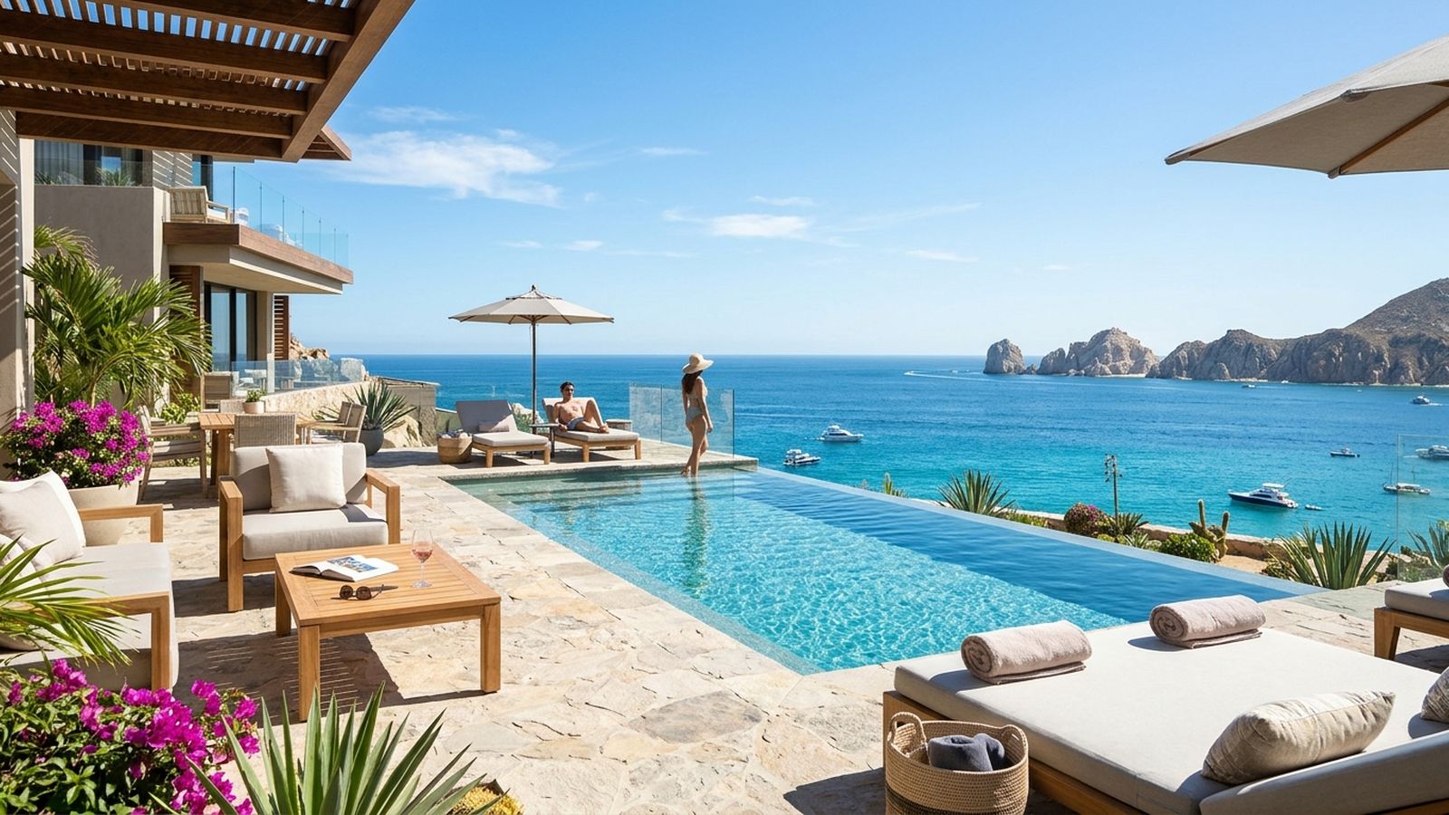 A luxurious infinity pool overlooks the ocean with distant rock formations, a couple on lounge chairs, and an outdoor patio.