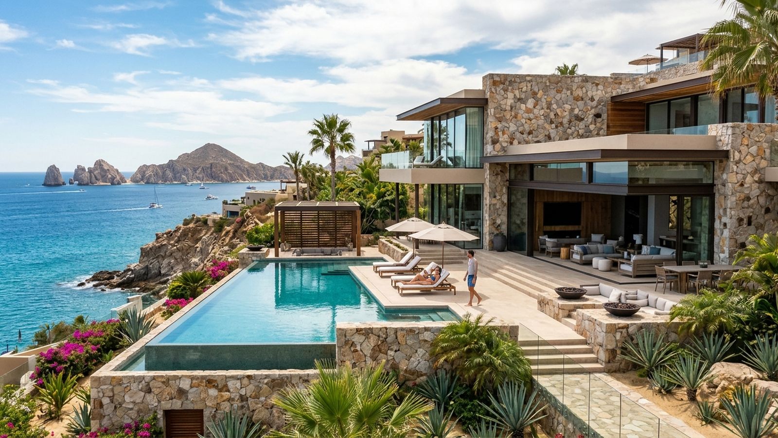 A luxurious stone villa with an infinity pool overlooking a blue ocean with rock formations and boats.