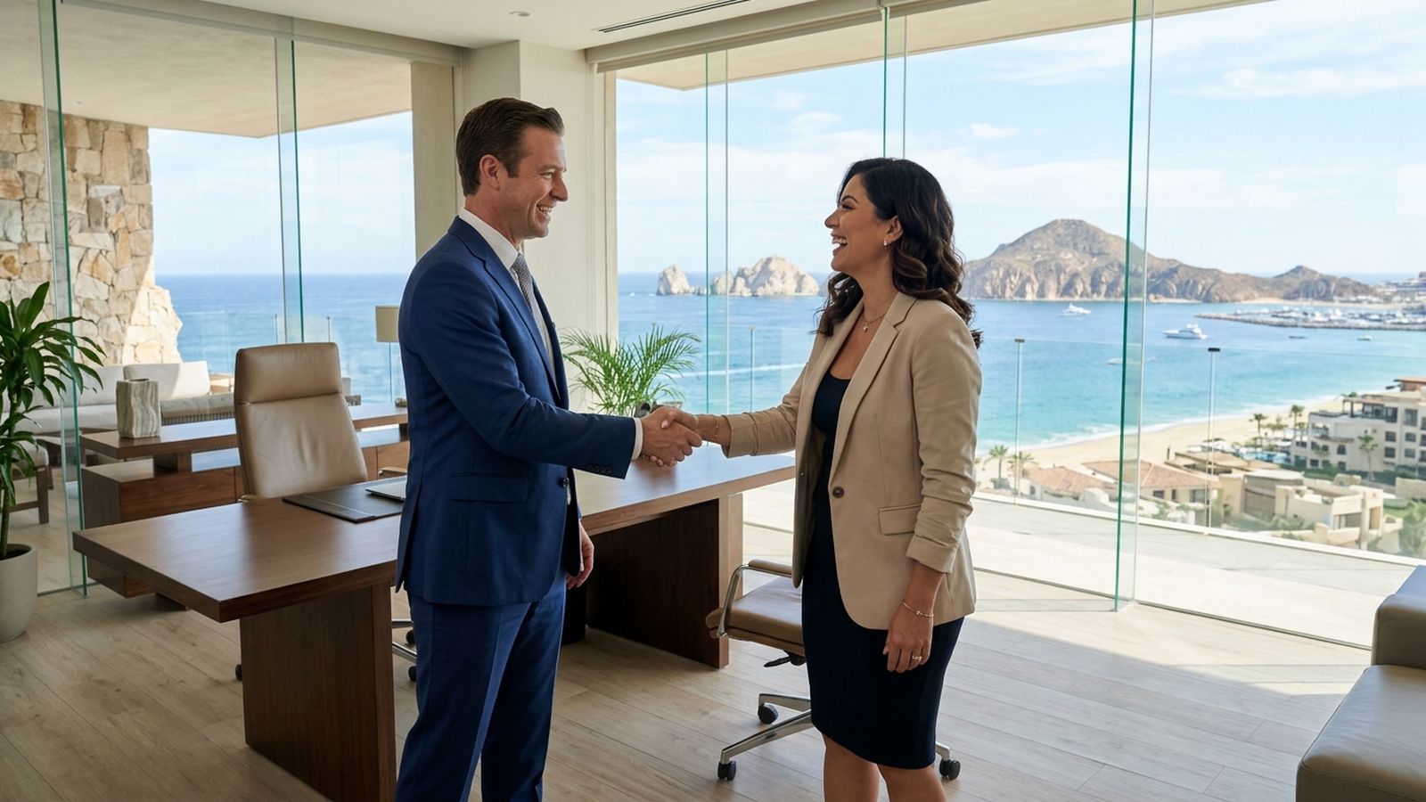 Two business people shake hands in a modern office overlooking a scenic coastal bay with mountains and buildings.