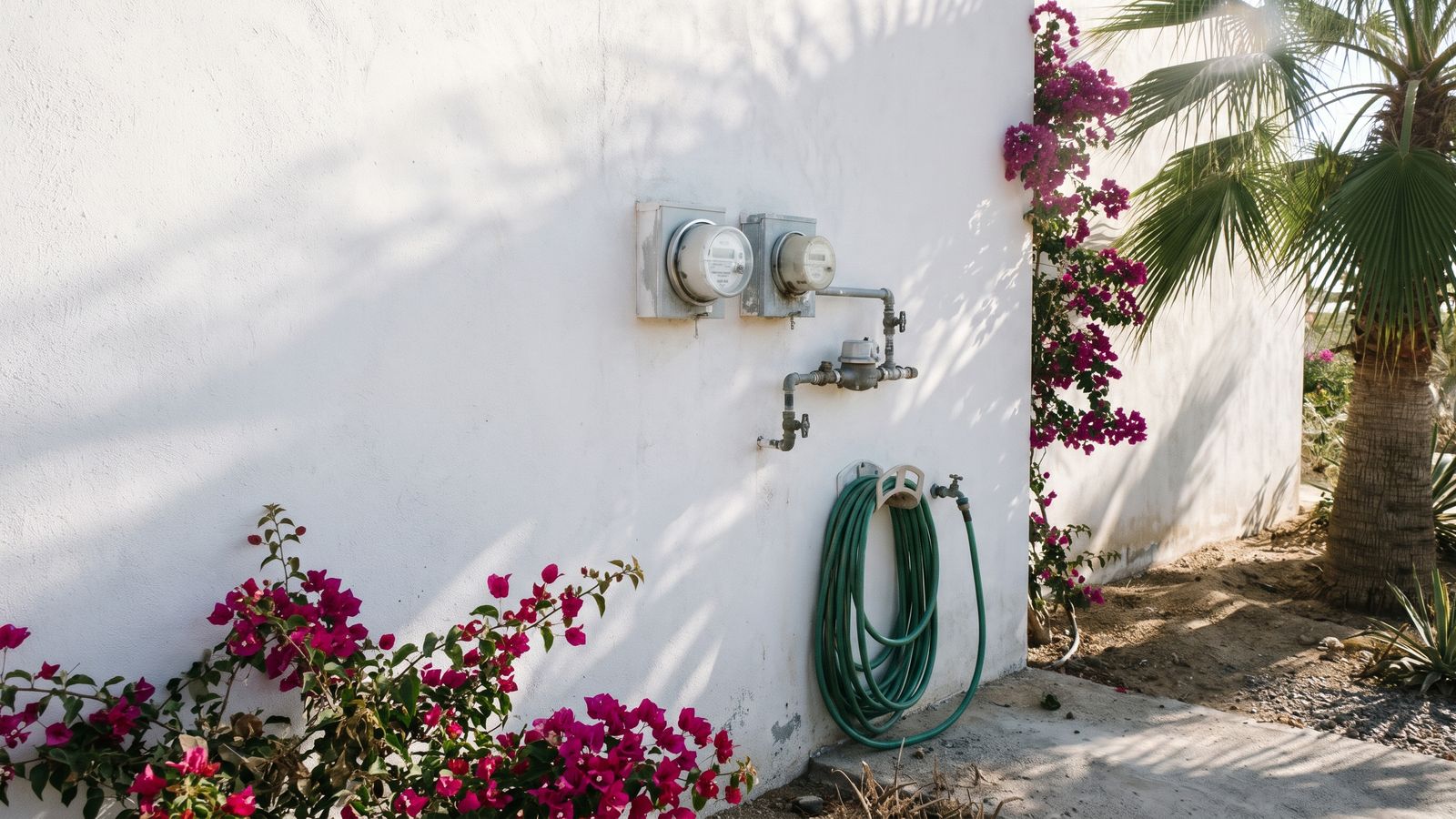 Electricity and water meters on the wall of a Cabo home