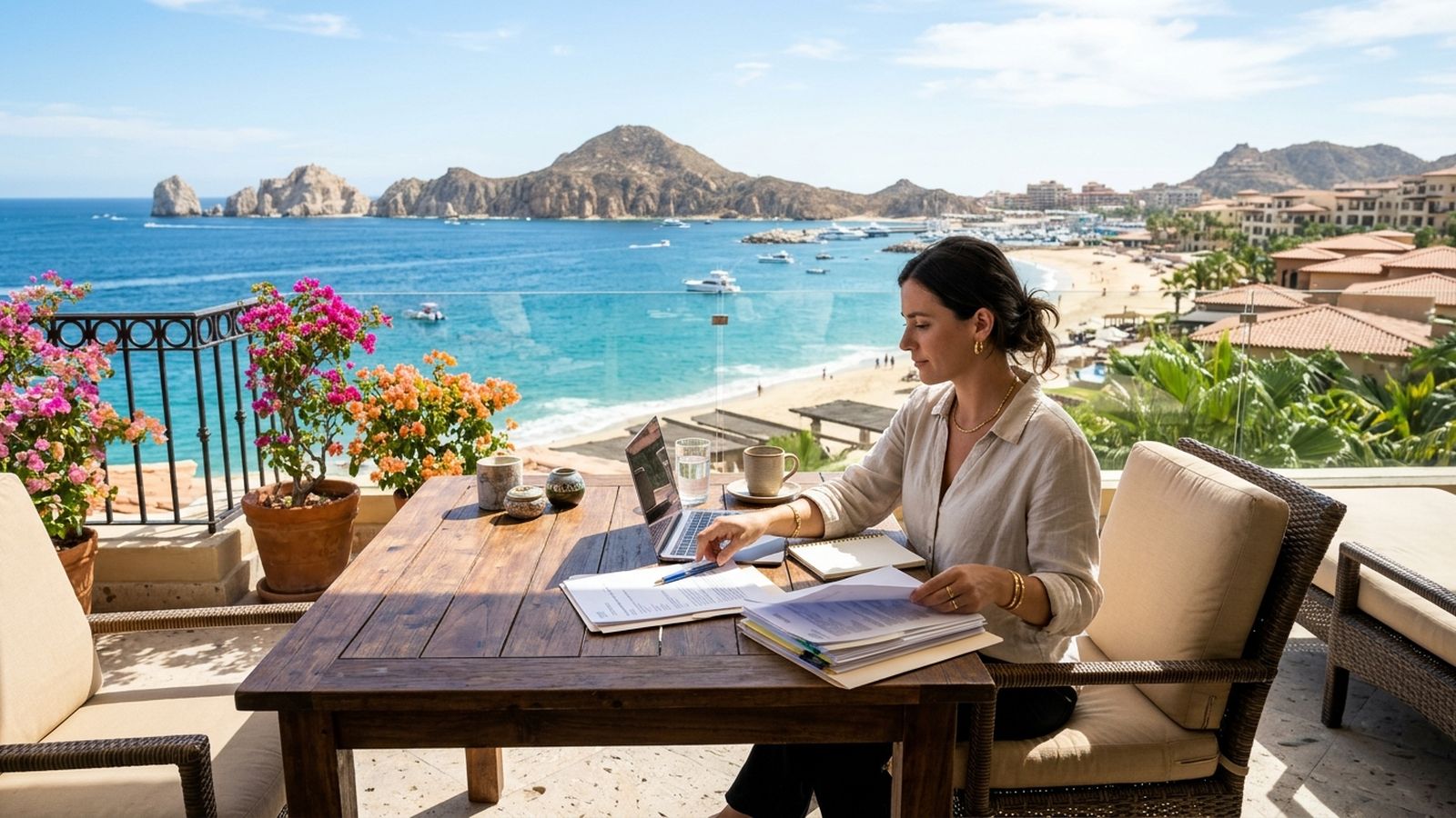 A woman works on a laptop and documents on a scenic balcony overlooking a vibrant blue ocean, beach, and coastal town.